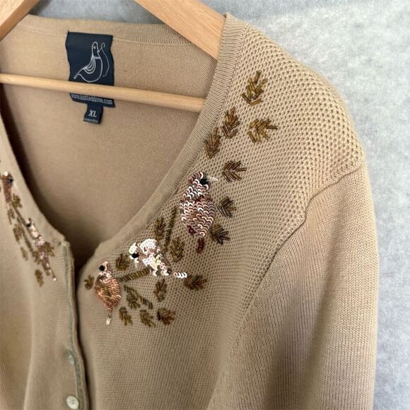 Knitted Dove XL Beige Sequin Bird Waffle Knit Cardigan Sweater - Picture 3 of 5